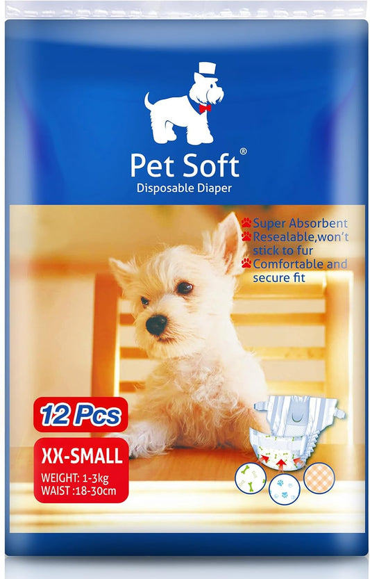 Pet Soft Doggie Diapers - Disposable Dog Diapers for Female in Heat Period or Urine Incontinence, Puppy & Cat Diapers Ultra Absorbent 12pcs XXSmall