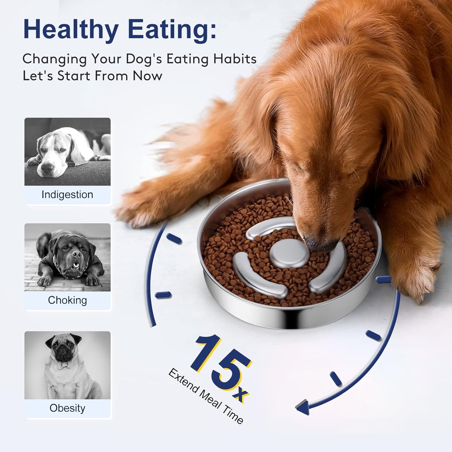 Stainless Steel Non Slip Slow Feeder Dog Bowl, 4 Cups Metal Dog Food Bowls for Medium and Large Dogs, Fun Bloat Stop Pet Bowl Dogs Water Bowl for Fast Eaters, Slows Down Pets Eating