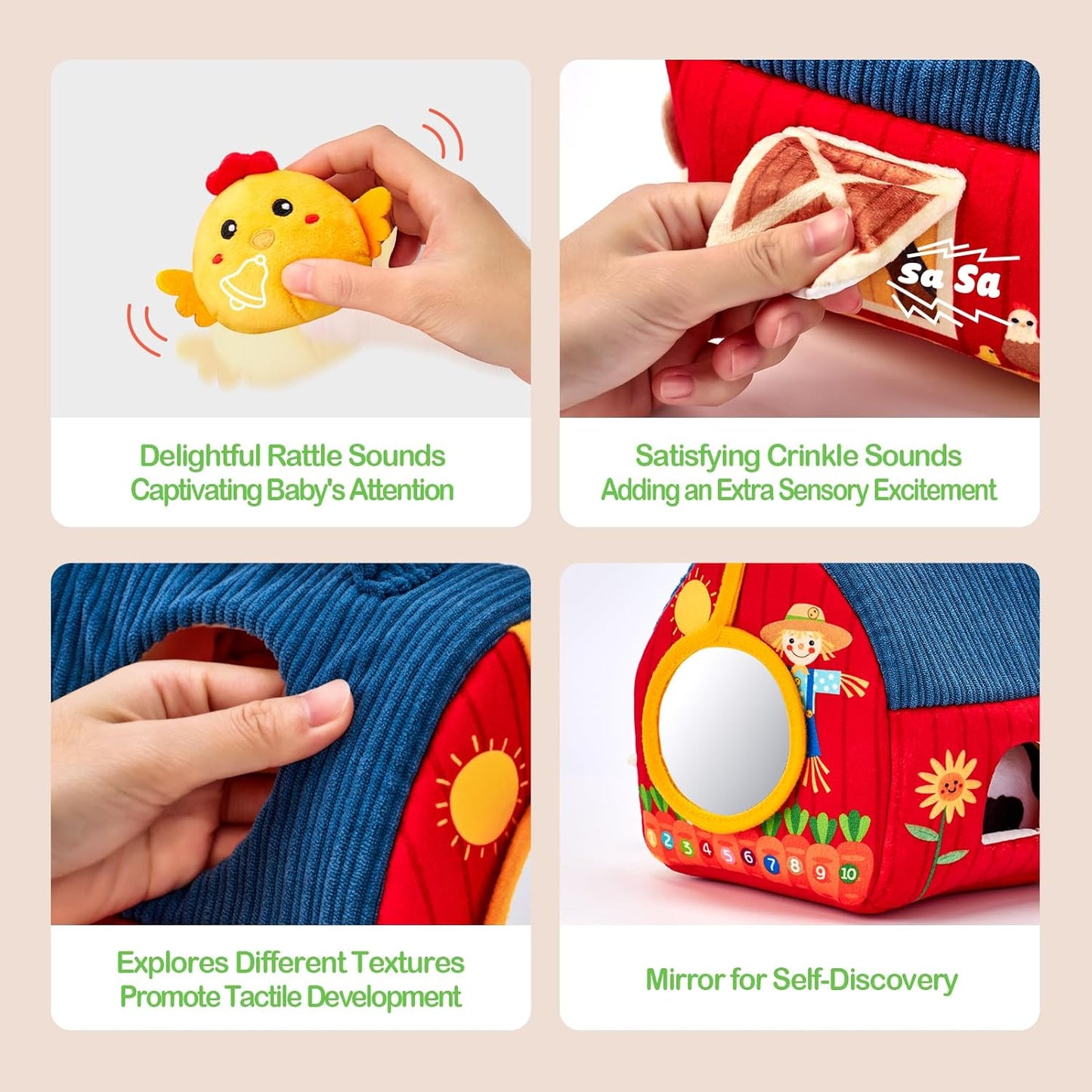 hahaland Baby Toys 6-12 Months - Surprise Barn Stuffed Farm Animals, Rattle, Crinkle, Mirror, Montessori Toys for 6 Month Old Sensory Balls 1-3 Plush Toy Girl Boy Gifts Baby Easter Basket Stuffers