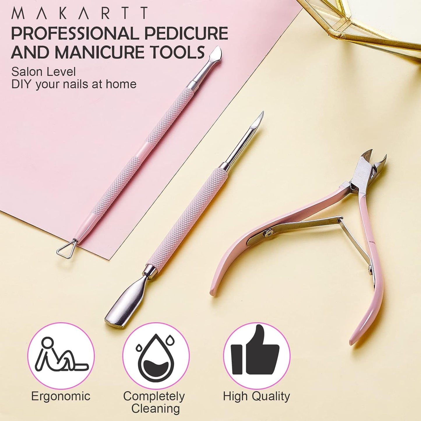 Makartt Cuticle Trimmer with Cuticle Pusher, 3 PCS Pink Nail Cuticle Nipper Professional Pedicure Manicure Tools with Stainless Steel Dual End Pusher, Nail Scraper