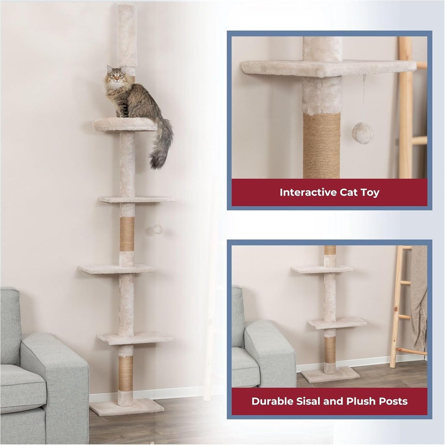 Trixie Kobe Cat Tree – Tall Cat Tower with Sisal Posts, Condo & Elevated Perch – Indoor Cat Furniture for Scratching & Climbing – Beige, 9.8" x 17.3" x 90.5"