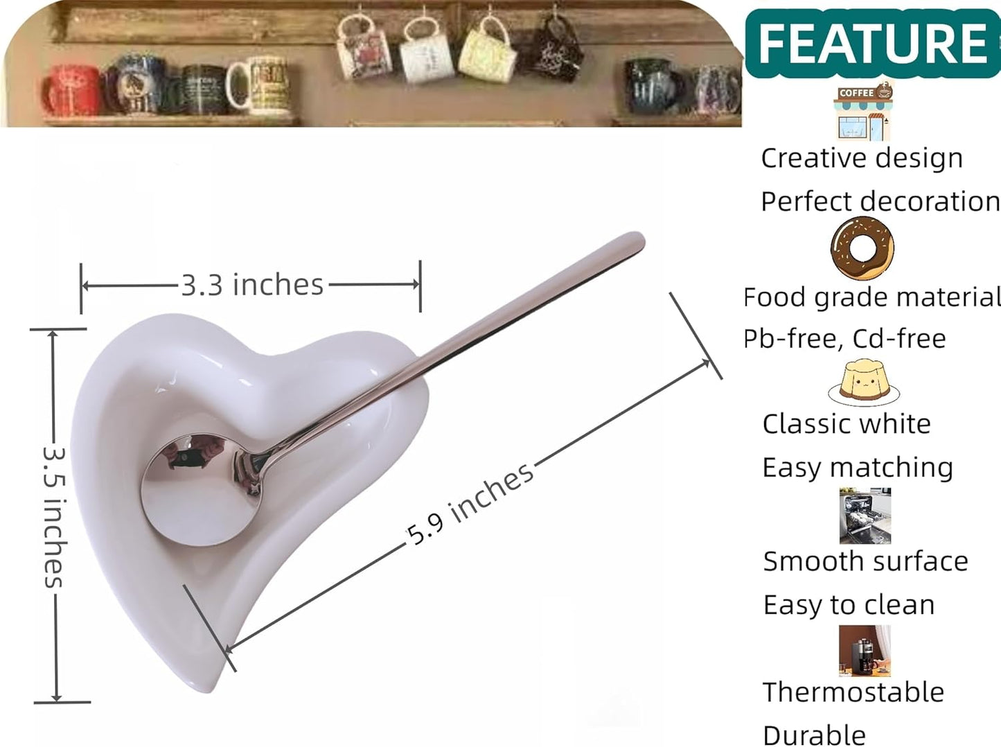 Coffee & Tea Spoon and Rest Set for Coffee Bar Accessories, Heart Cute Mini & Small Coffee Spoon Rest & Holder for Coffee Station & Bar, Teaspoon Rest & Holder (White Rest with Silver Spoon)