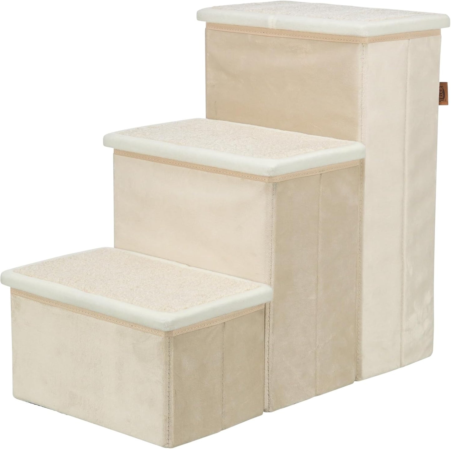 Trixie Velour Foldable 3-Step Pet Stairs with Storage, Collapsible, Storage Compartments for Pet Toys, Beige