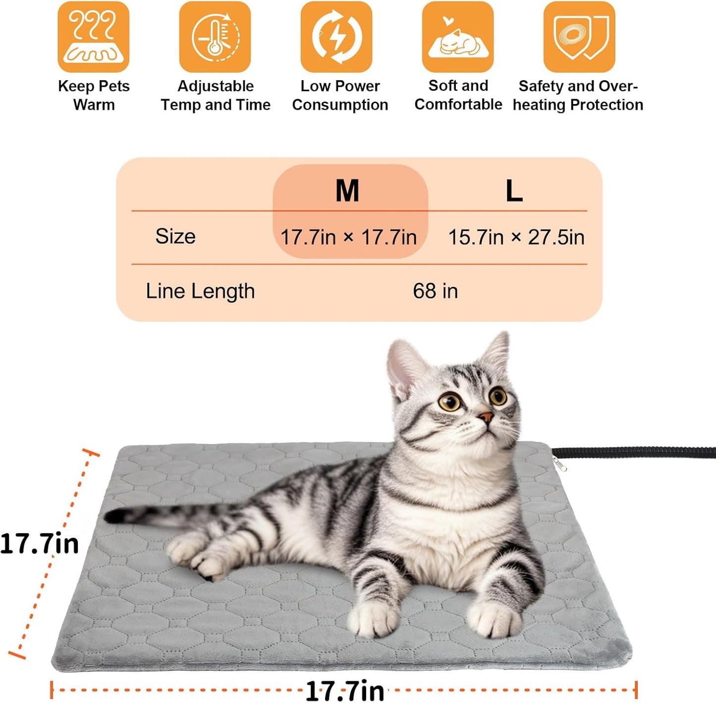고양이 및 강아지용 실내 실외용 반려동물 난방 패드, 씹기 방지 코드가 있는 따뜻한 고양이 난방 패드, 온도 및 시간 조절 가능, 고양이 소형견용 방수 온열 고양이 침대 매트, 44.9 x 44.7cm(17.7 x 17.7인치)