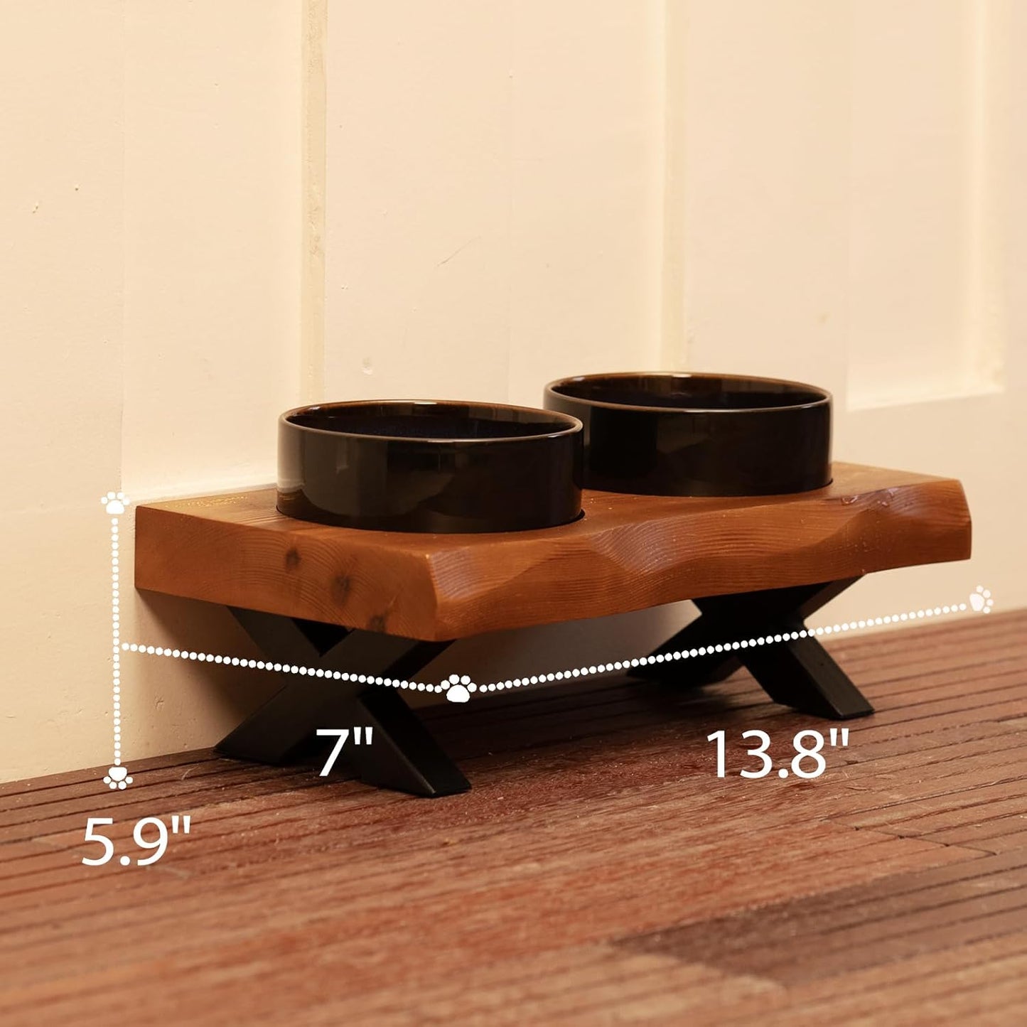 CHEERHOME PETS Raised Cat Ceramic Bowls for Small and Medium Dog, Solid Wooden Dog Food Bowl with Stand, Food Feeding Dishes Water Bowl for Cats and Puppy(Grilled Pine Wood)