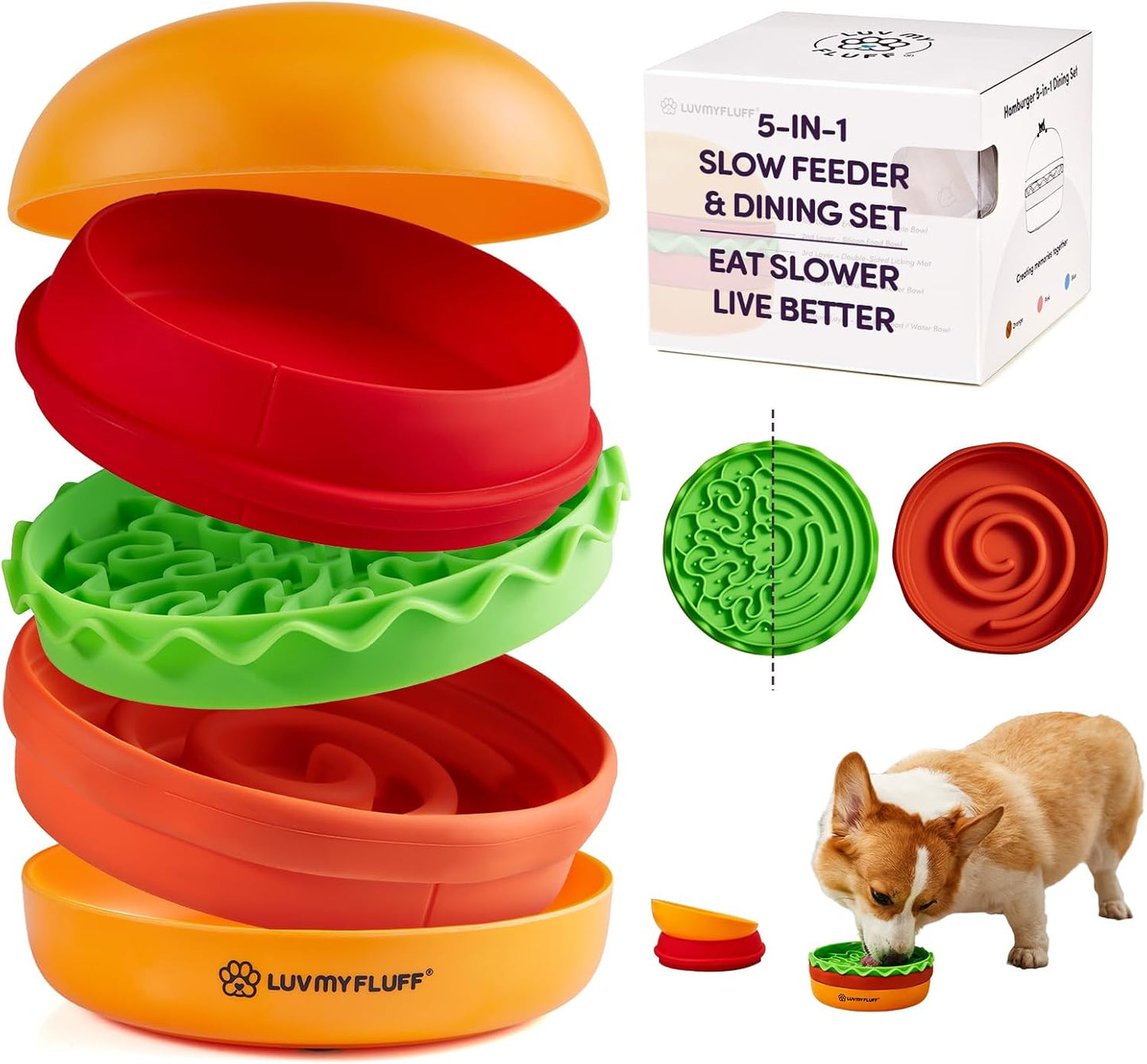 Slow Feeder Small Dog Bowl – 2 Patterns Reversible Lick Mat & 1 Spiral Slow Feeder - Hamburger Style | Non-Slip, Dishwasher Safe & Easy to Clean