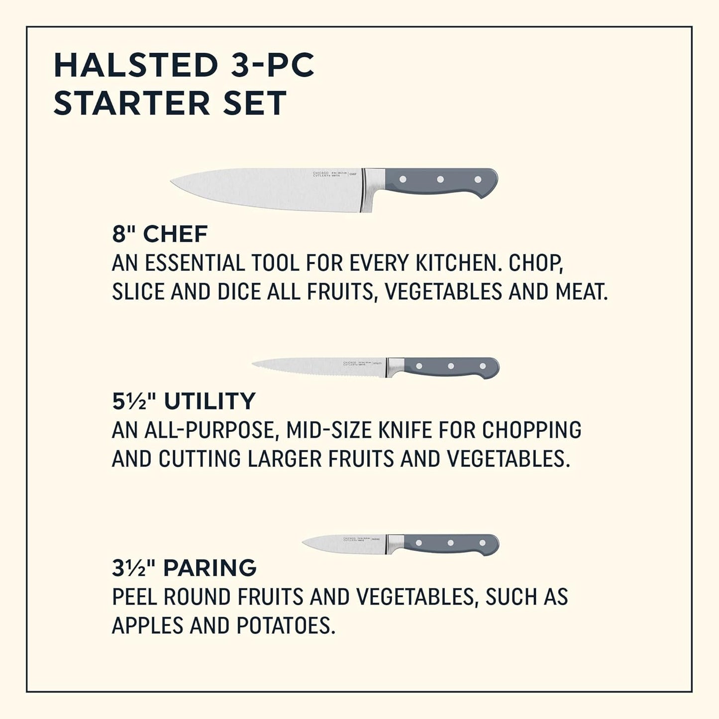 Chicago Cutlery Halsted (3-PC) Cutlery & Wooden Block Set, Ergonomic Handles and Sharp Stainless Steel Professional Chef Cutlery Set
