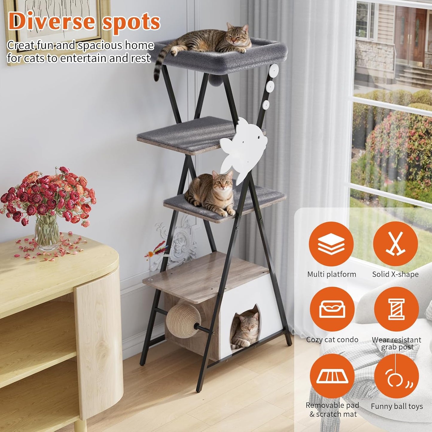 HavenlyYouth Modern Cat Tree for Indoor Cats, Tall Cat Tower with Condo, Multi-Level Cat Tree with Cave, Scratching Board,Removable Pads for Cats, X Style, Light Gray
