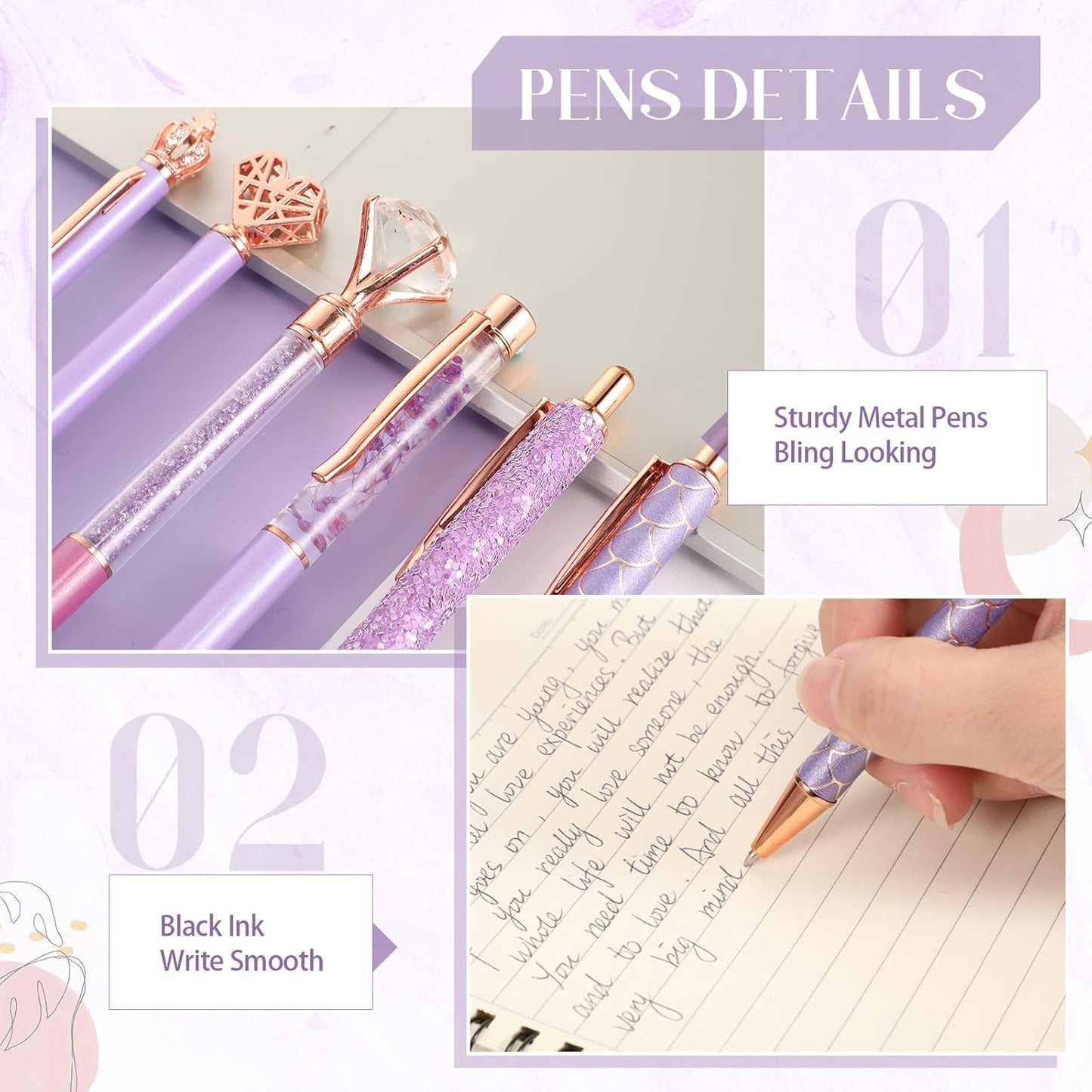 Janmini 9 Pcs Ballpoint Pens Set Metal Crystal Diamond Glitter Pens for Journaling Black Ink Pretty Cute Things Fancy Stationery Gifts for Women Girls Birthday Home Office Desk(Purple)