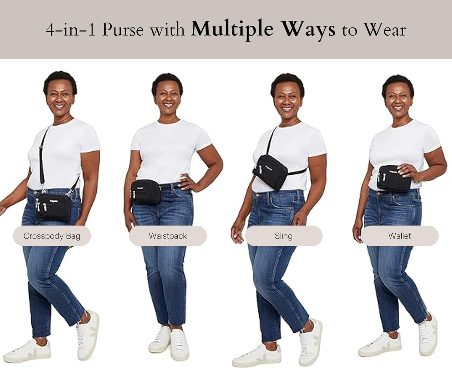 Baggallini Triple Zip Small Crossbody Bag for Women - 8x6 Lightweight Convertible Fanny Pack Belt Bag