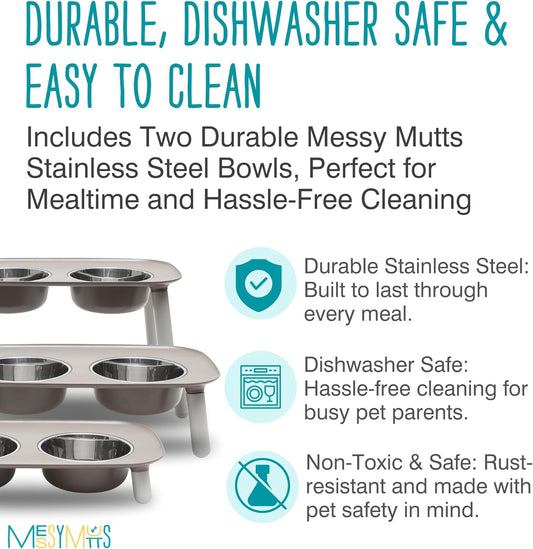 Messy Mutts Elevated Double Feeder with Stainless Bowls | Adjustable Height 3”, 5”, or 10” | Adjustable Standing Feeder for Dogs | 5 Cups per Bowl | Dark Grey