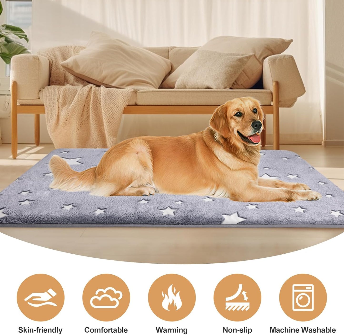 Self Warming Dog Bed Mat, 30"x20" Graphene & Glow-in-The-Dark Fabric Dog Crate Mat, Removable Washable Cover Anti-Slip Bottom Orthopedic Calming Pet Bed Pad for Kennel Cage