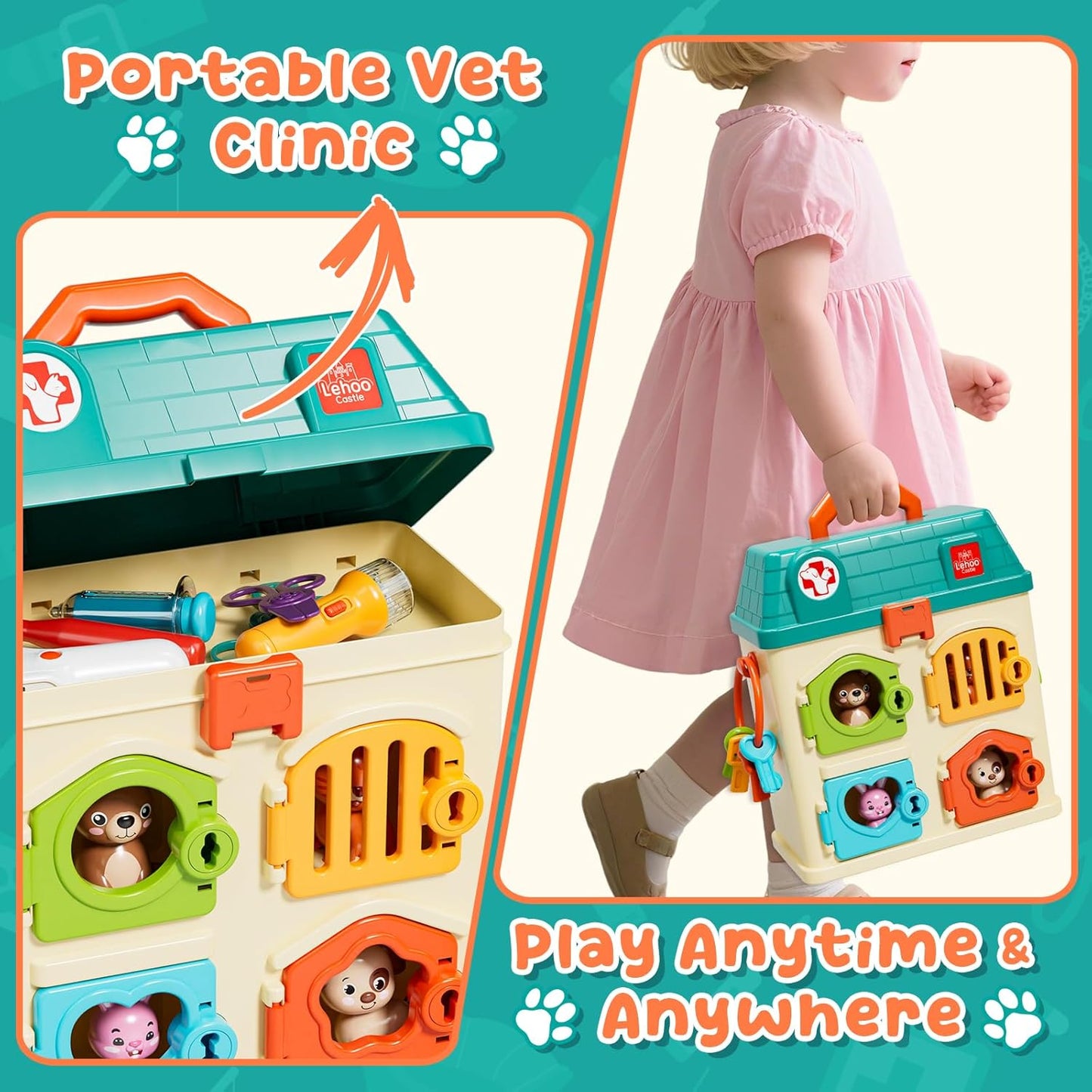 Lehoo Castle Veterinarian Playset for Kids, Pet Vet Toys Doctor Kit for Toddlers 3-5, Critter Clinic Toy with Keys, Pet Care Playset Hospital, Pretend Play Toy for Toddlers 1-3