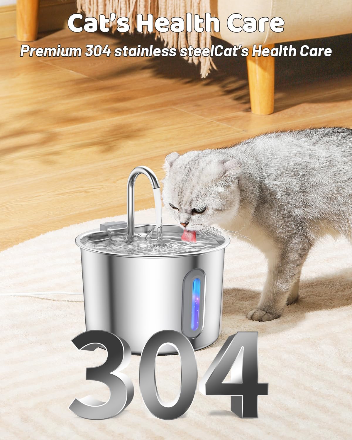 Cat Water Fountain 304 Stainless Steel 2.2L/74oz with 3 Filters & 3 Sponges, Easy to Clean, Automatic Pet Fountain Quiet Cats Water Dispenser, Gifts for Cats, Dogs