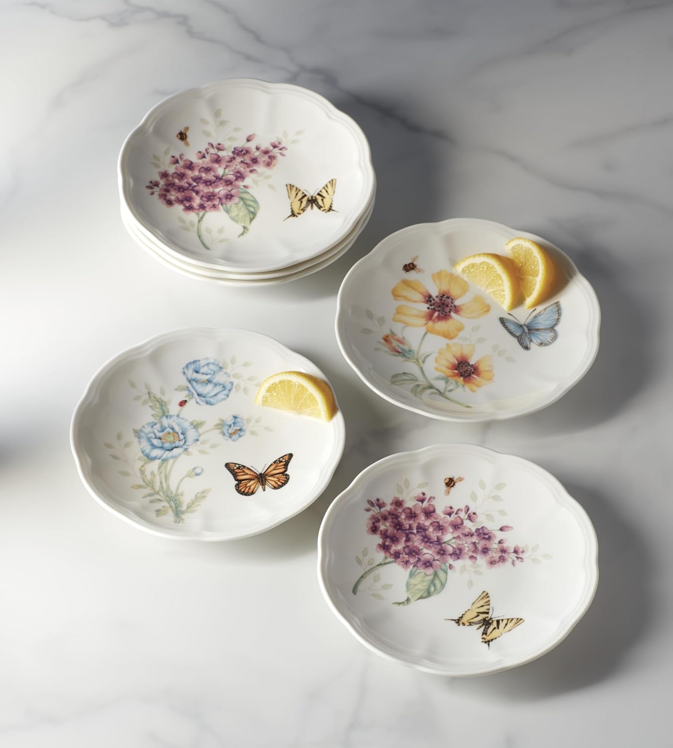 Lenox Dinnerware Set, Butterfly Meadow 6-Piece Tidbit Plate Set, Service For 6, Durable Porcelain Appetizer Plates, Dishwasher And Microwave Safe, Ceramic Plates, Salad Plate (Assorted, 6 Piece)