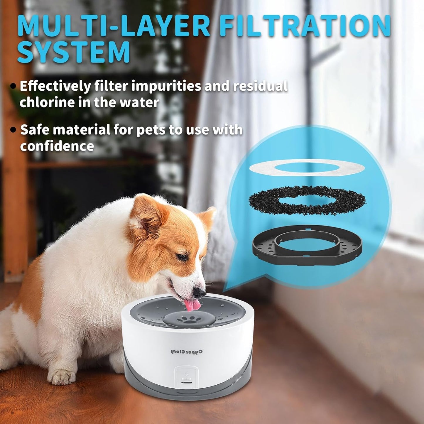 Dog Water Bowl, No Spill 55oz Pet Water Bowl for Cats & Small Puppies to Medium Large Breeds, Anti Splash Slow Drinking Water Feeder for Messy Drinkers (White w/ 2 Fliters)