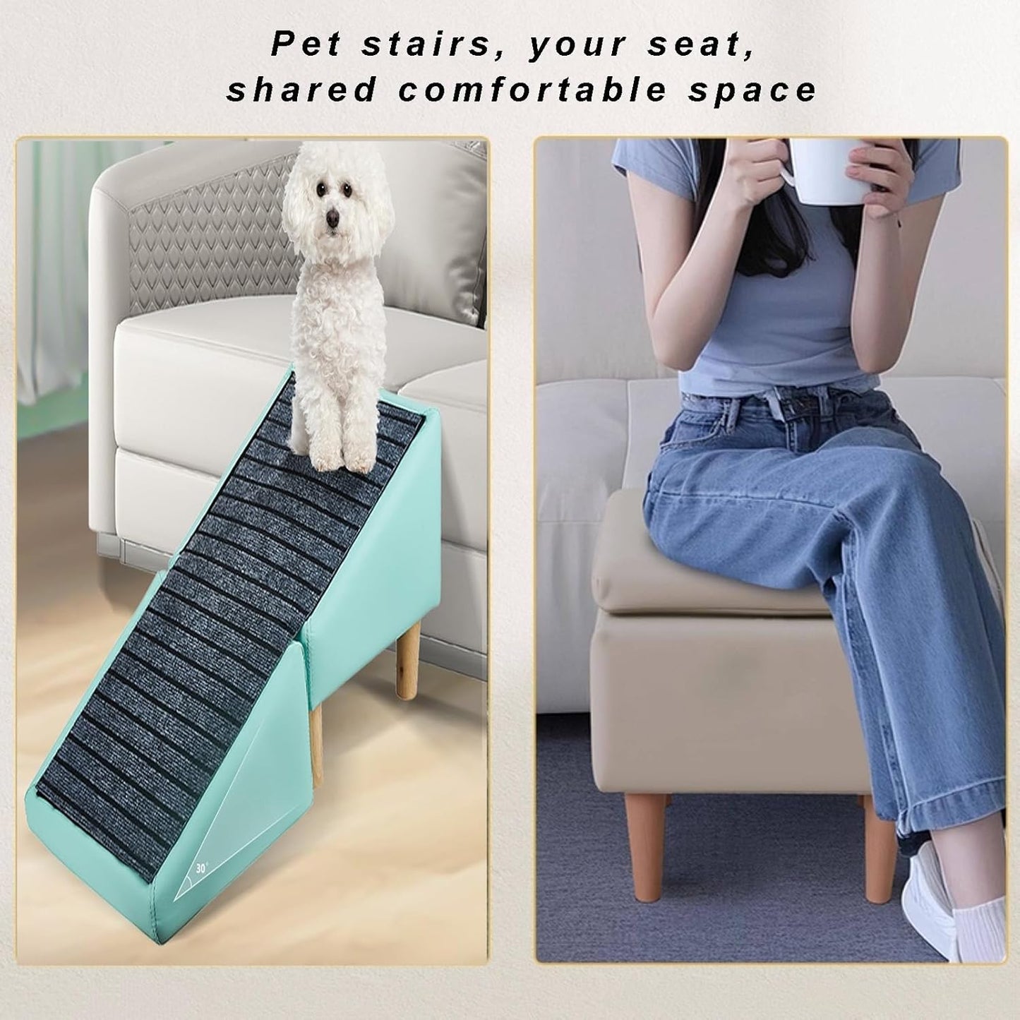Foldable Pet Stairs, Dog Ramp & Human Ottoman Footstool, Folding Pet Ramp for Sofa, Removable Non-Slip Pad, Faux Leather Pet Steps Stool for Young, Injured, Elderly Pets, Khaki