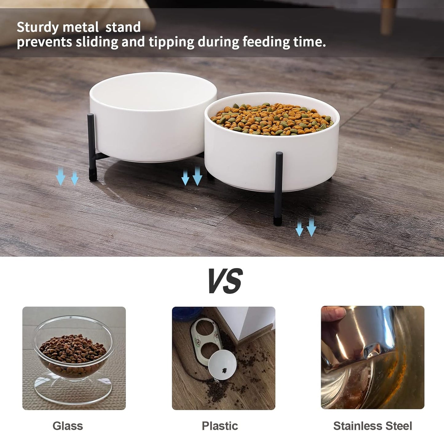 OMAYKEY 32 oz Ceramic Dog Cat Bowl Set of 2 with Elevated Metal Stand - 6 Inch Ceramic Round Pet Food and Water Feeder Bowl Dish for Cats & Dogs - White