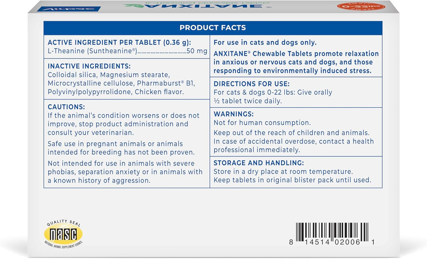 Virbac ANXITANE® (L-Theanine) Chewable Tablet - Promotes relaxation for anxious behavior - Small Dog/Cat < 22lbs