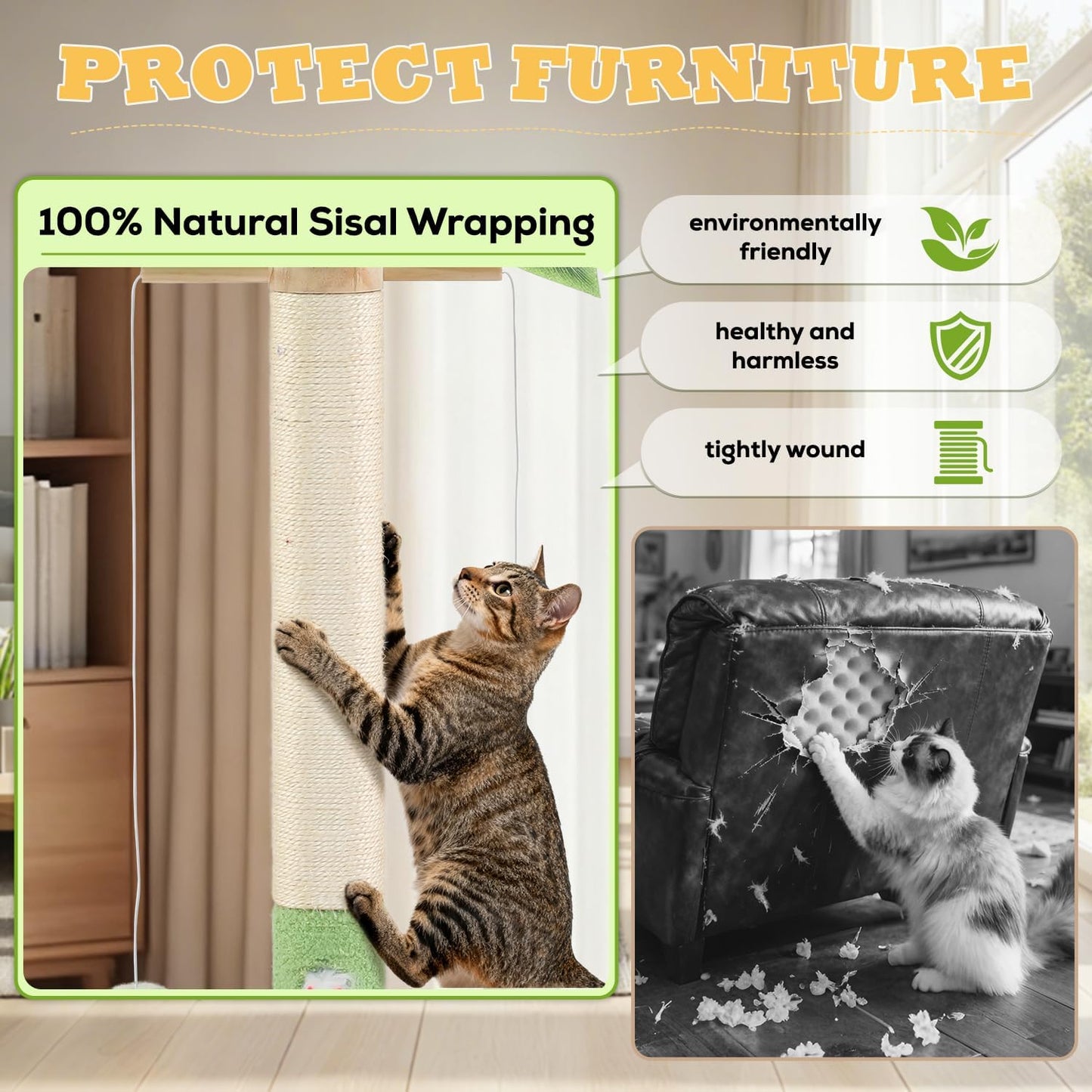 Cat Scratching Post,37.5'' Tall Sisal Cat Tree Scratching Post for Indoor Cat,Cat Scratcher with Cute Mouse Hole Toy,Interactive Ball and Rotating Ball Self Groomer Brush for Kittens Adults Cat