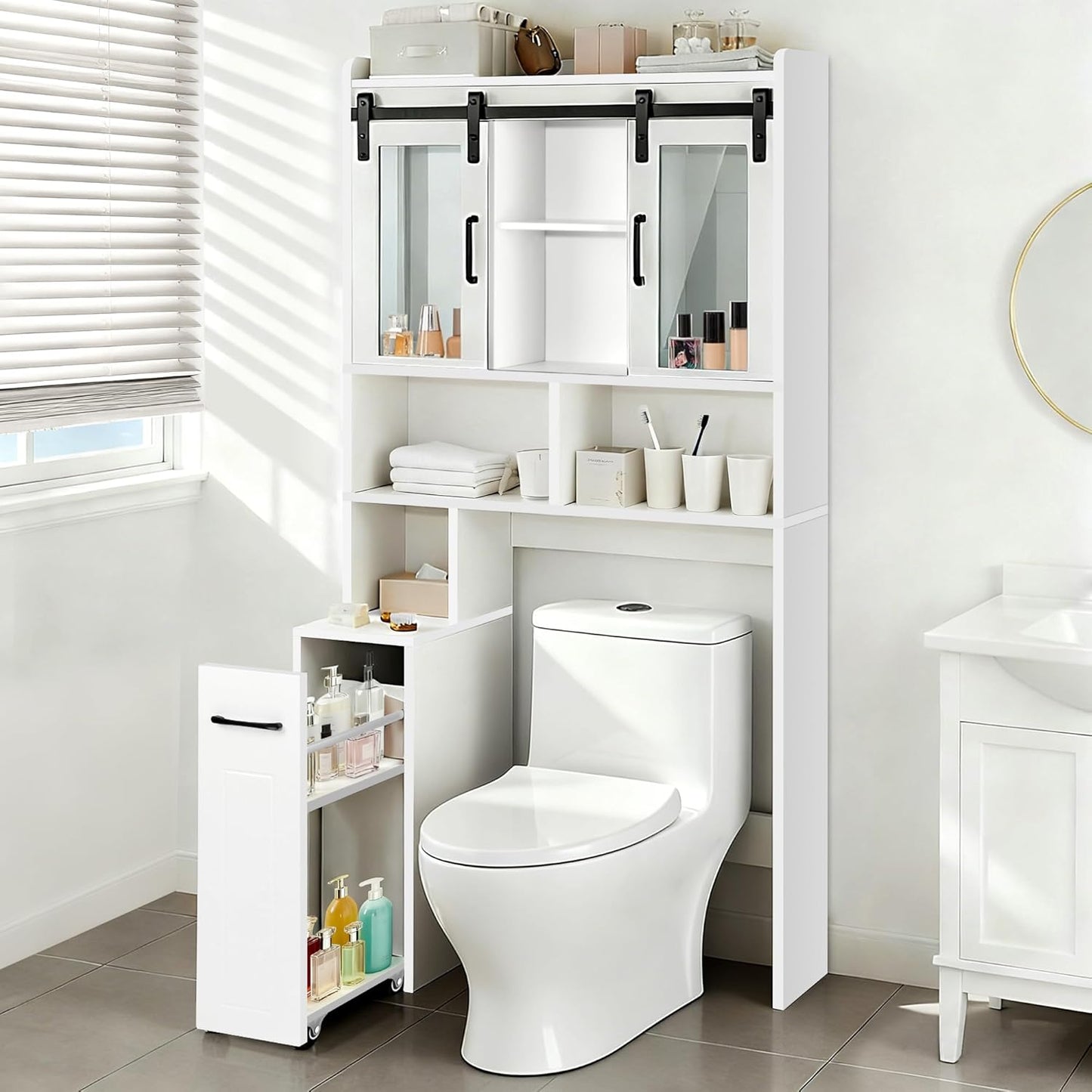 Extendable Rolling Drawer-Style Toilet Storage Cabinet. Conveniently Mobile. Sliding Storage Doors. Adjustable Shelving. Compact Bathroom Storage. Toilet Paper Holder. Bathroom, Toilet, Laundry Room