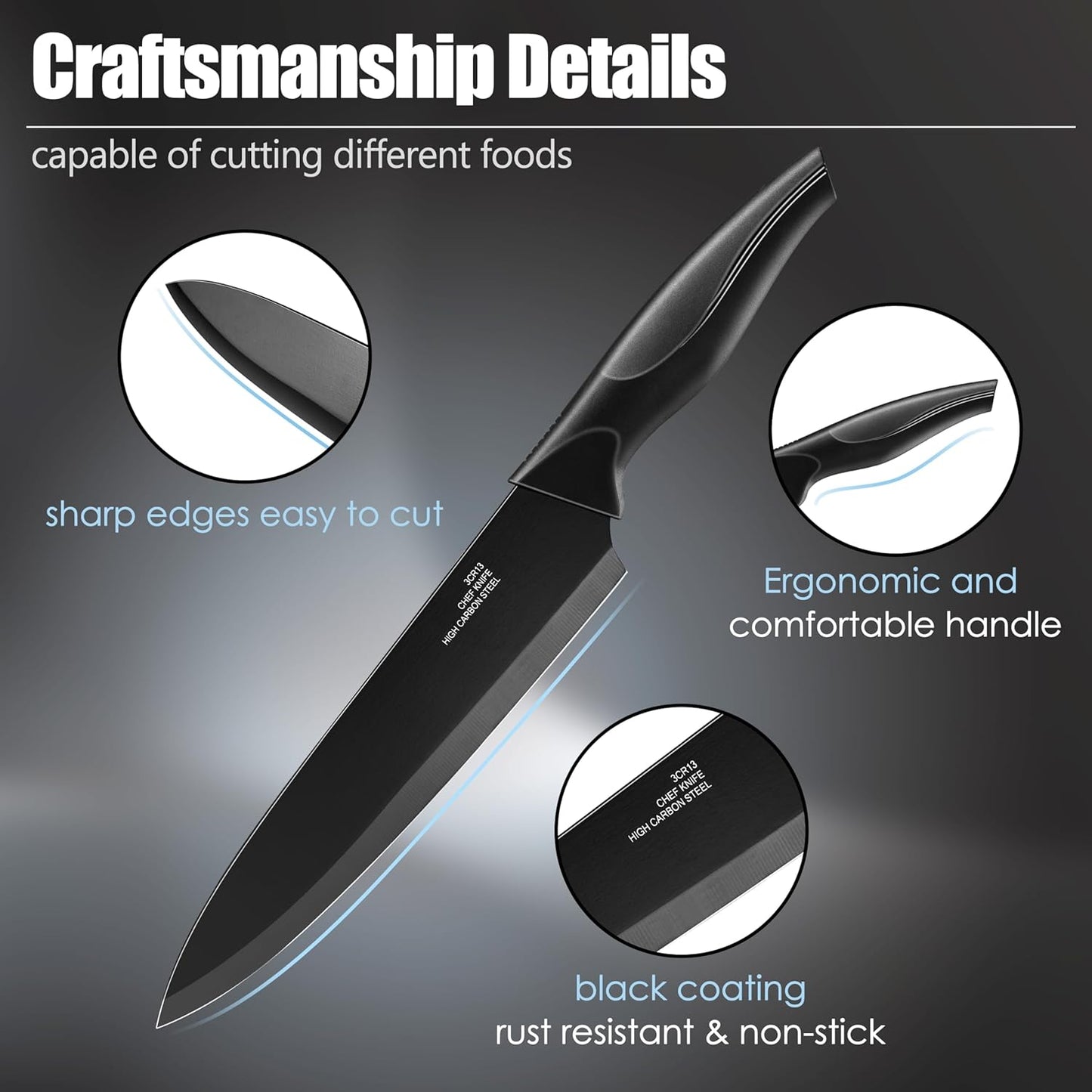 HaWare Knife Set, 21 Pieces Stainless Steel Kitchen Knife Block Set, Black Chef Knife Sets with 6 Steak Kinves, Measuring Spoon & Slicer for Home, Sharp Blade & Light Weight Cutlery, Ergonomic Handle
