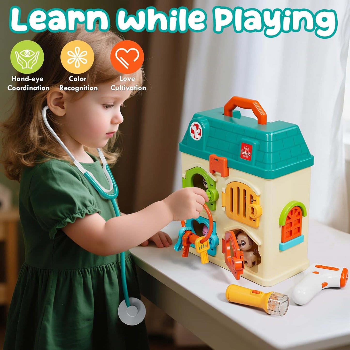 Lehoo Castle Veterinarian Playset for Kids, Pet Vet Toys Doctor Kit for Toddlers 3-5, Critter Clinic Toy with Keys, Pet Care Playset Hospital, Pretend Play Toy for Toddlers 1-3