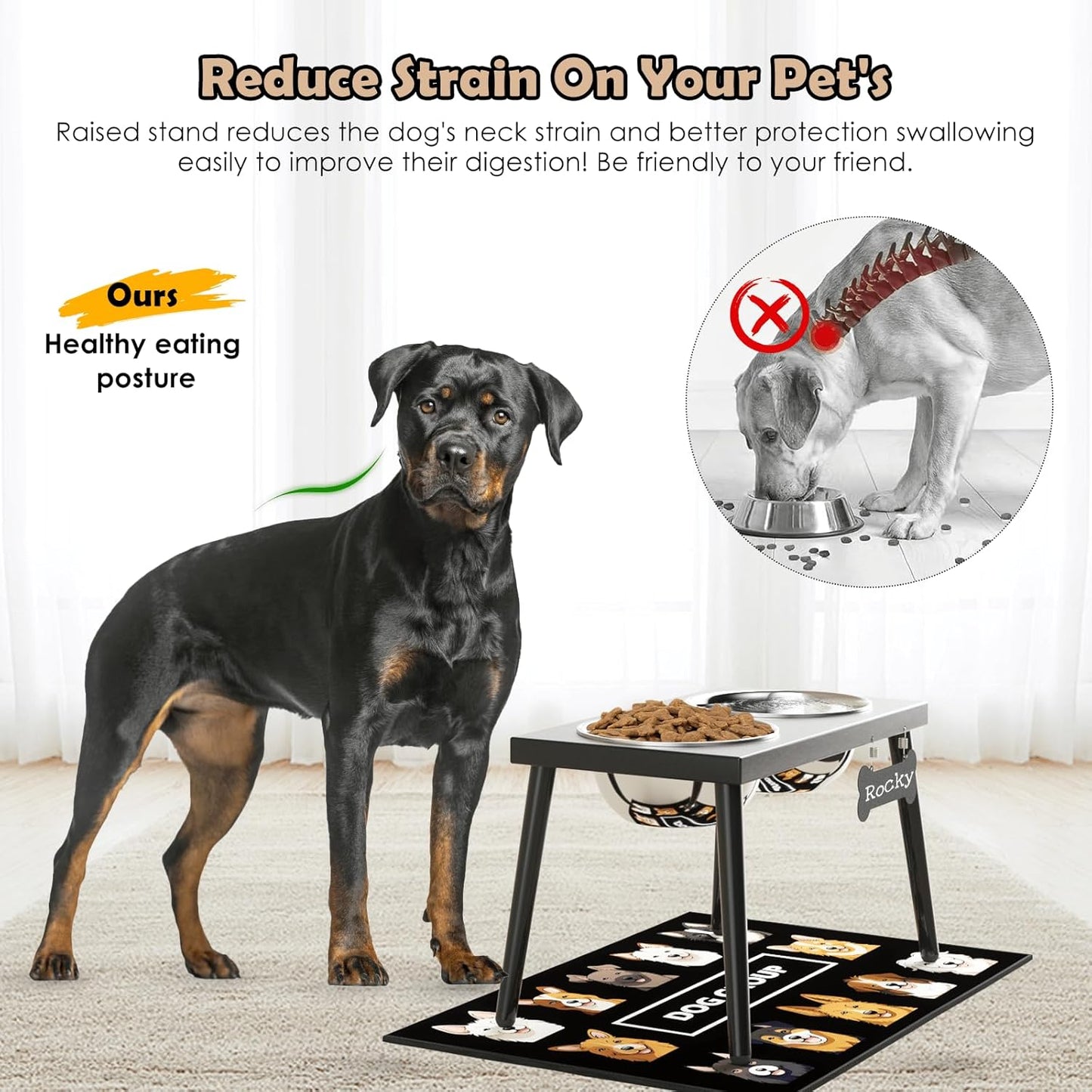 Metal Raised Dog Bowl Stand for Large and Medium Dogs, Stronger Elevated Dog Bowls with Sprill Proof Mat, Pet Food & Water Bowls 10" Tall Dogs Feeder (58OZ-Stainless Steel Pet Bowl, Mat-16x24)