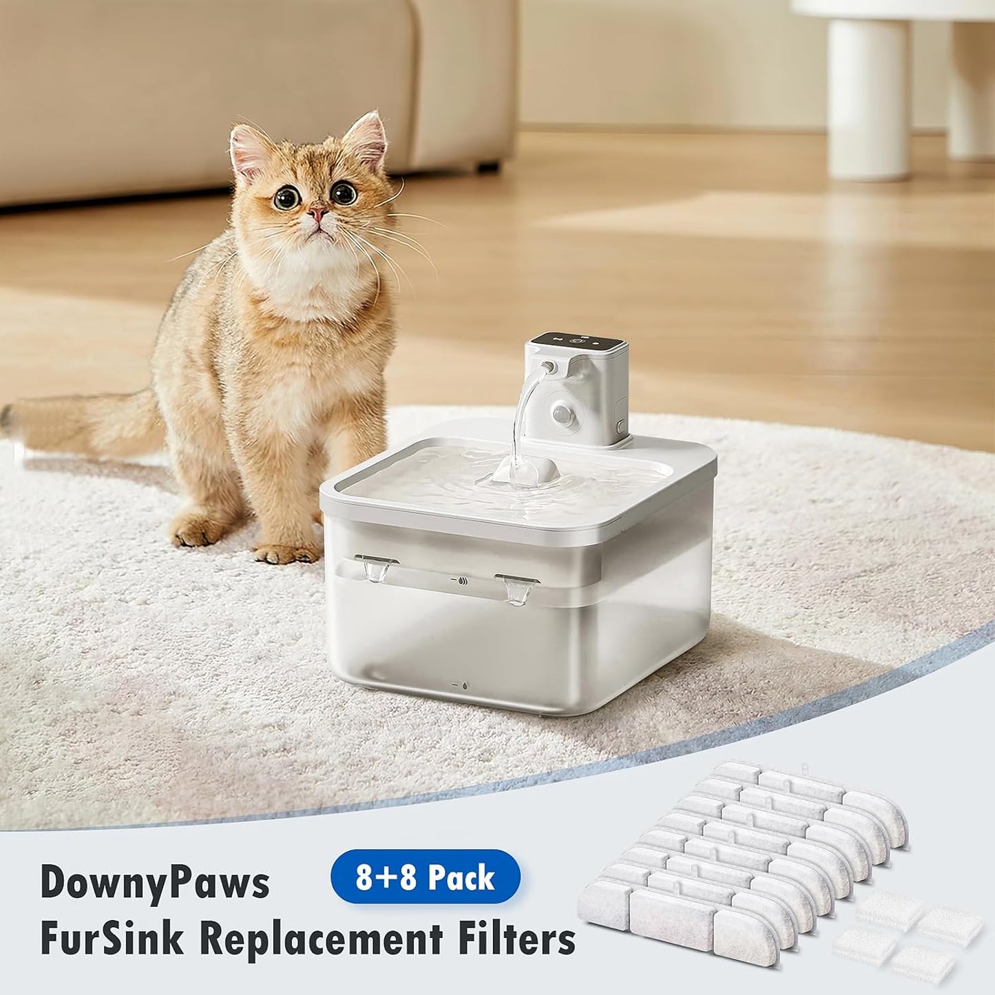 8 Packs Replacement Filters for DownyPaws Battery Operated Cat Water Fountain DPWFP6, 4 Months Set of Replacement Filters for DownyPaws 84oz/2.5L Fursink Wireless Pet Water Fountain