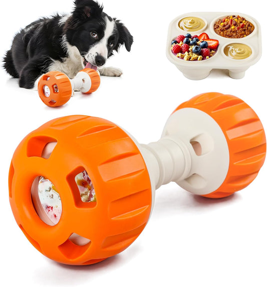 ALL FOR PAWS Dog Frozen Treat Dispenser Toy, Interactive Puzzle Slow Feeder Enrichment Chew Toy for Small to Large Dogs, Dumbbell Treat Ball with Food-Grade Silicone Tray, Reduce Boredom & Anxiety