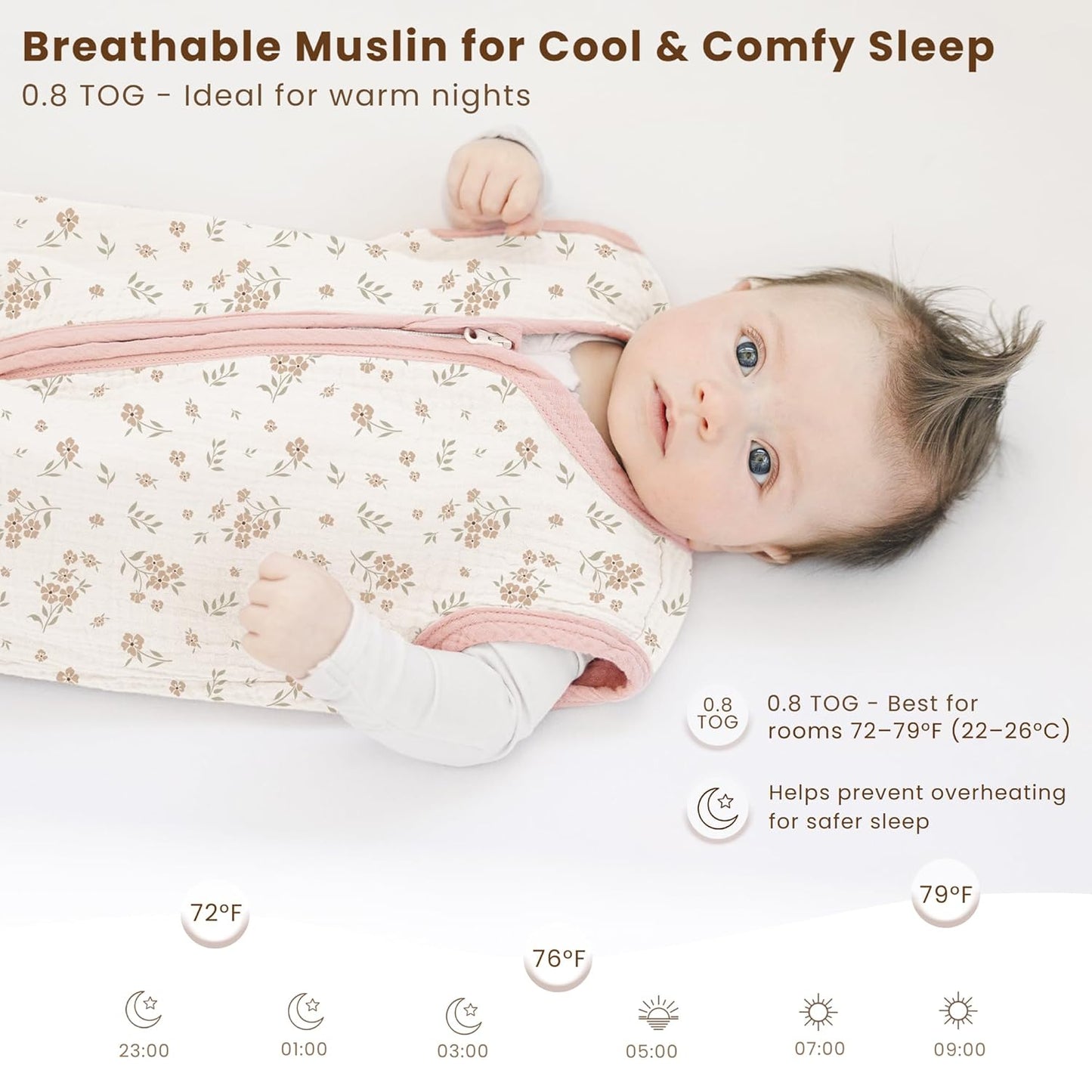 Konssy Muslin Baby Sleep Sack 6-12 Months 0.8 TOG, 2 Pack 100% Cotton Wearable Blanket for Babies, 2-Way Zipper Breathable Sleeping Sack Infant Toddler Essentials for Girls and Boys (Blossom, Pink)