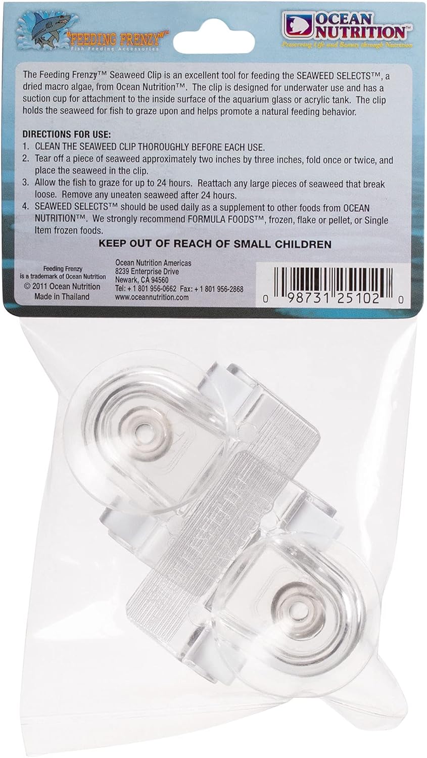 Ocean Nutrition Fish Feeder Seaweed Clips for Saltwater Fish - Aquarium Suction Cups, Holds Food Intact, Prolongs Feeding Process, Pack of 2 for Tangs, Rabbitfish, Marine Angelfish, Wrasses, Damsels