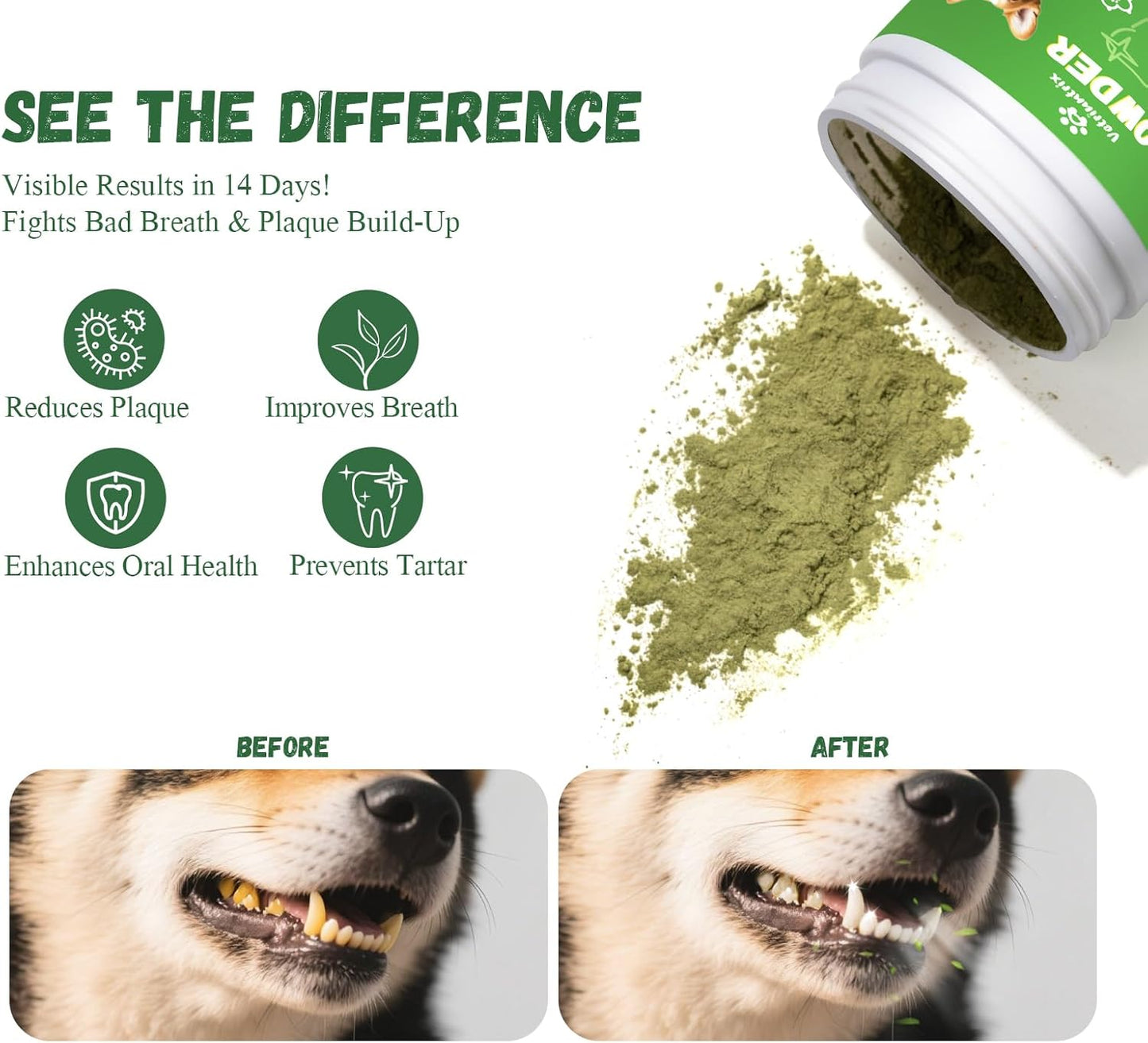 Dog Teeth Cleaning Powder, Dog Dental Powder for Teeth Cleaning and Dog Breath Fresh for Dogs with Probiotic & Tartar Remover, Plaque Off Dog Tooth Cleaning 150g