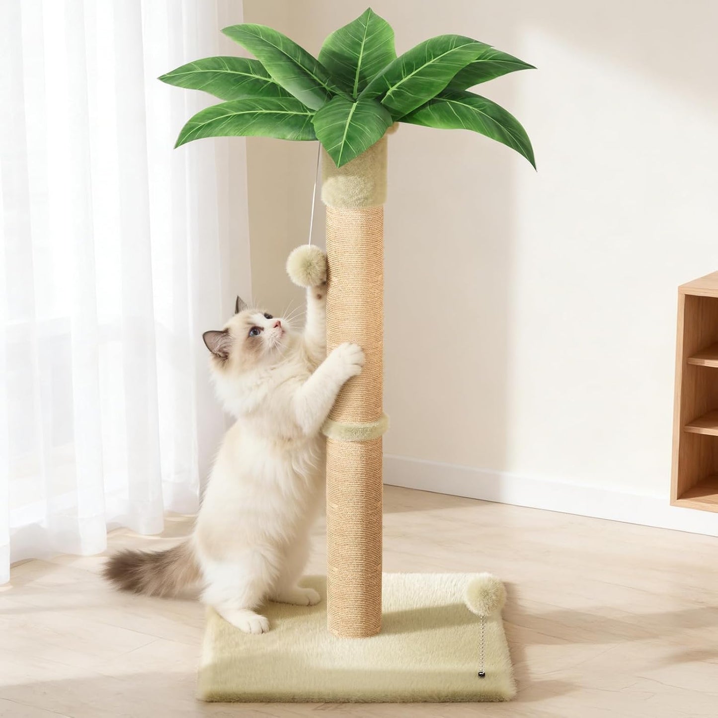 XiaZ Cat Scratching Post 34'' Tall, Cat Scratchers Tree Tower for Indoor Kitten with Extra Wide 15.8" Stable Base and 2 Toy Balls, Natural Sisal & Plush Fabric for Small, Medium Cats (Beige, 2.8in)