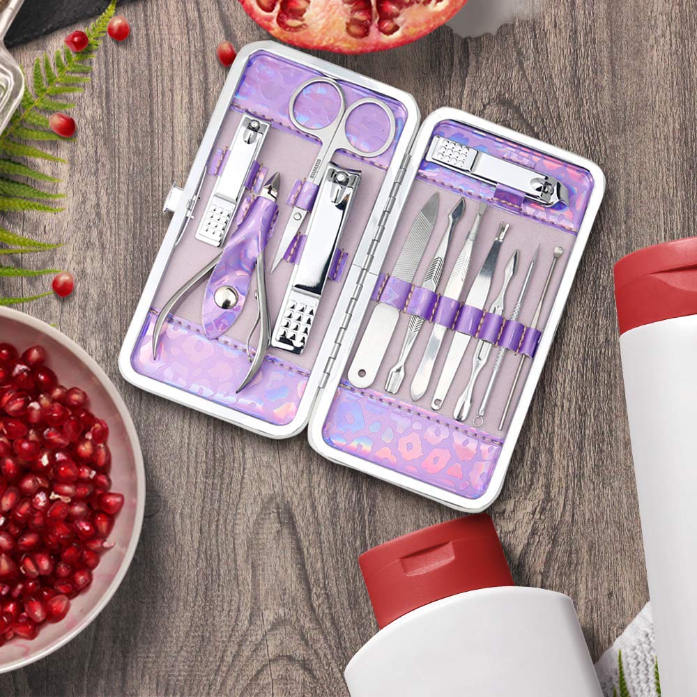 ZIZZON Nail Clippers Kit Manicure Pedicure Set with Holographic Case(Purple)