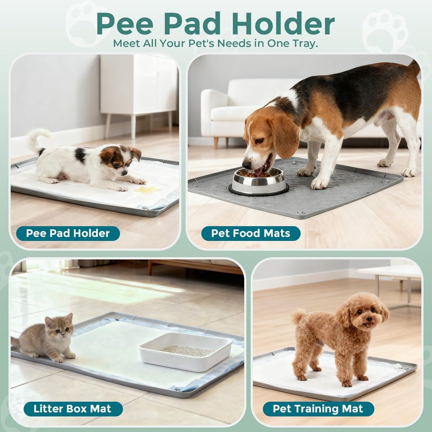 Pee Pad Holder for Dogs, 24" x 24" Non-Slip Silicone Puppy Pad Tray with 4 Magnetic Clips, Leak-Proof Raised Edge, Reusable Waterproof Puppy Training Mat for Indoor Floor Protection
