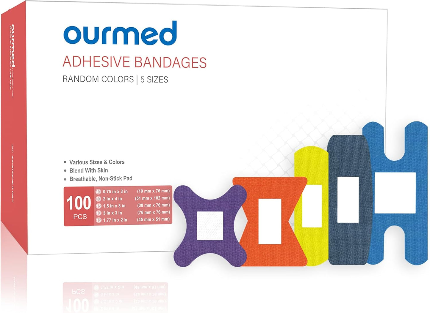 Flexible Fabric Bandages with Non-Stick Pad, Latex Free, Rainbow Colors Adhesive Bandage First Aid Wound Care for Cuts, Scrapes, Blisters, Assorted Sizes, 100 Count