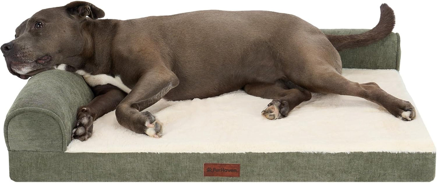FurHaven Plush & Grid Cord Deluxe L-Chaise Pet Bed, Olive, Large