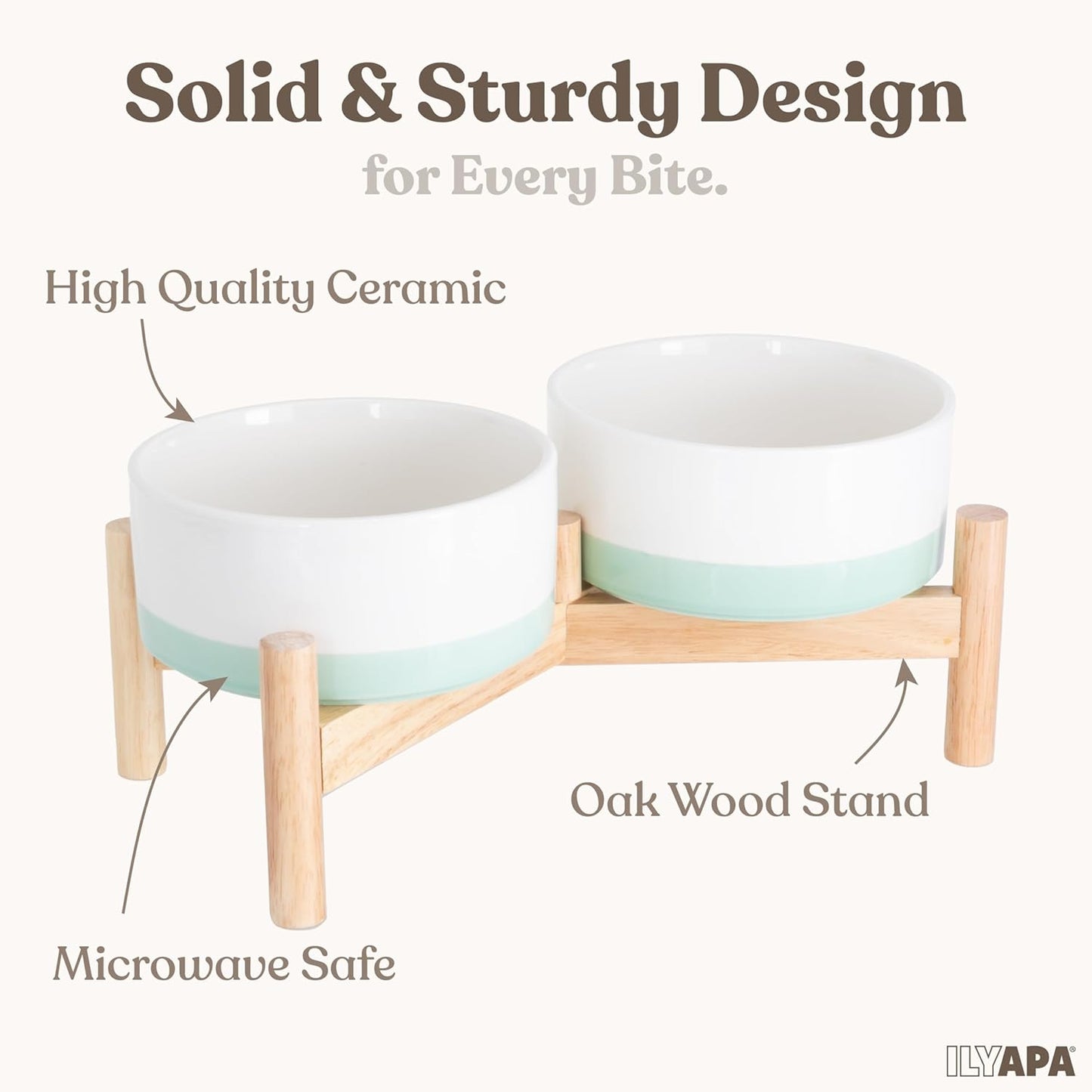 Ilyapa Ceramic Dog Bowls - Elevated for Medium Sized Pet with Raised Food and Water Set - Green Double 6 inch, 28 Oz Bowls & 13x6.3x5.5 Wooden Stand
