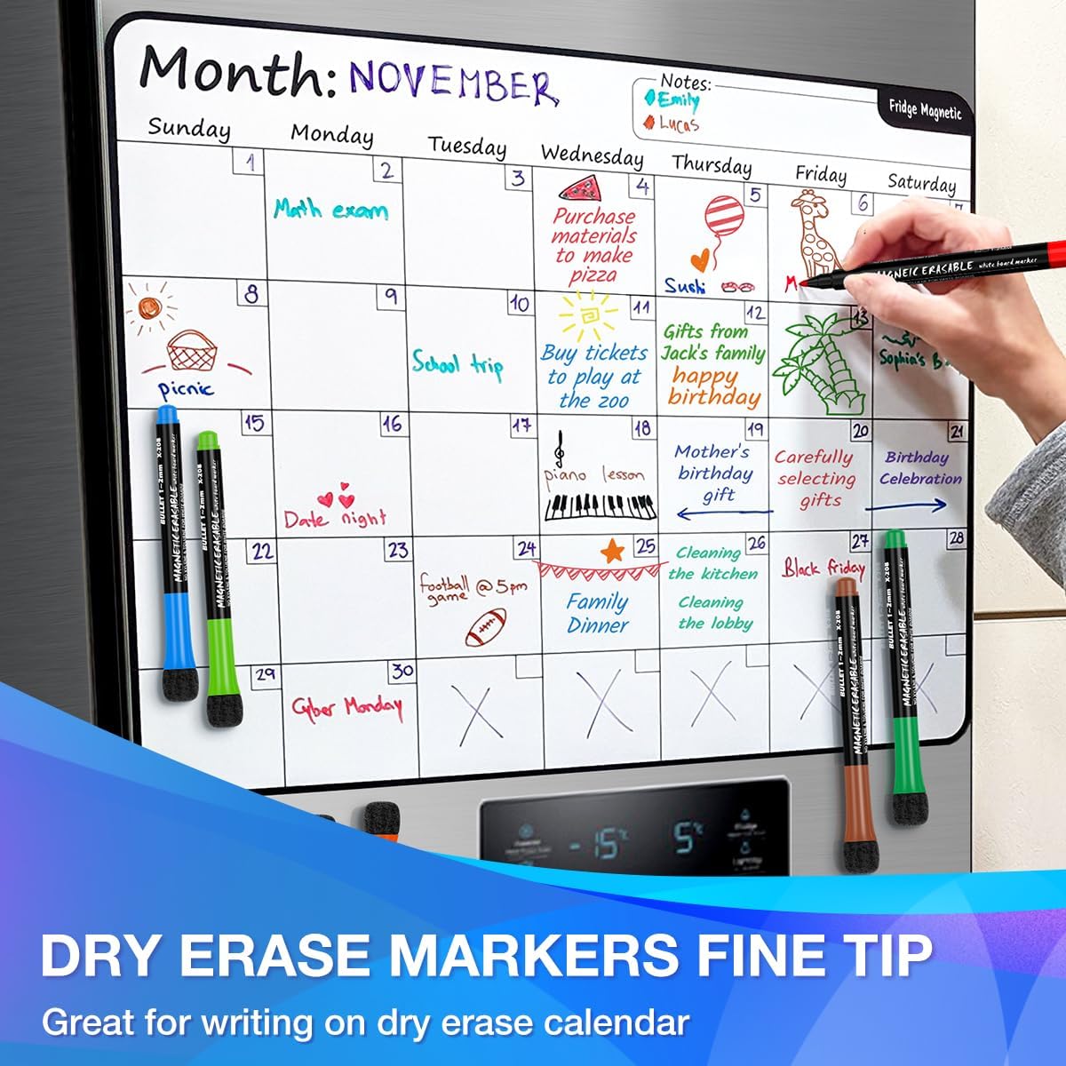 Magnetic Dry Erase Markers Fine: 12 Colors Erasable Whiteboard Markers Fine Point with Eraser Cap, Low Odor White Board Dry Erase Pens Fine Tip for Kids & Teachers, Home, Office and School Supplies