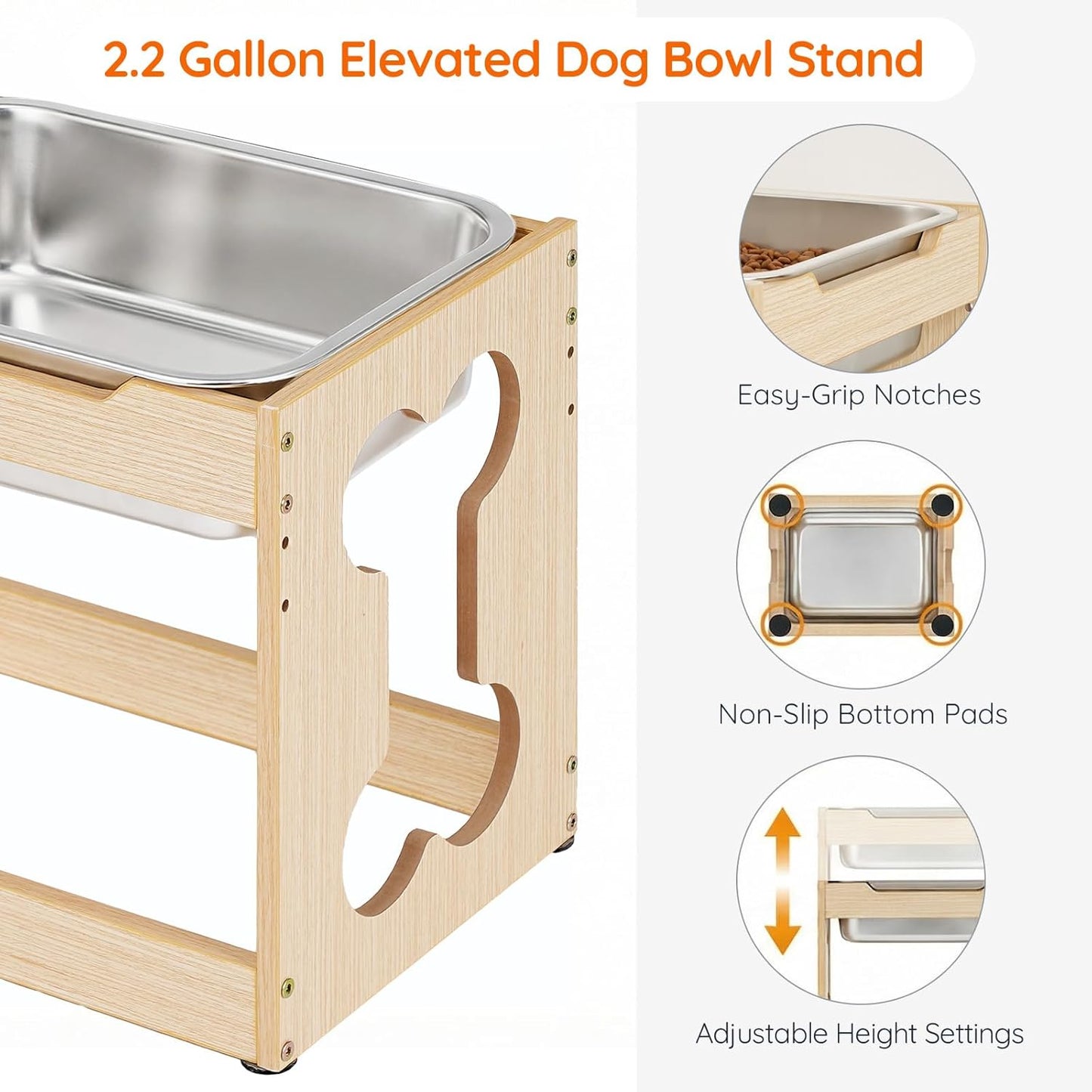 HOOBRO Elevated Dog Bowls with Stainless Steel Bowl, Raised Dog Bowl Stand for Medium, Large Breed Dogs, Heights Adjustable Water Bowl Stand, Wooden Dog Feeding Station, Non-Slip, Natural NL02PO03