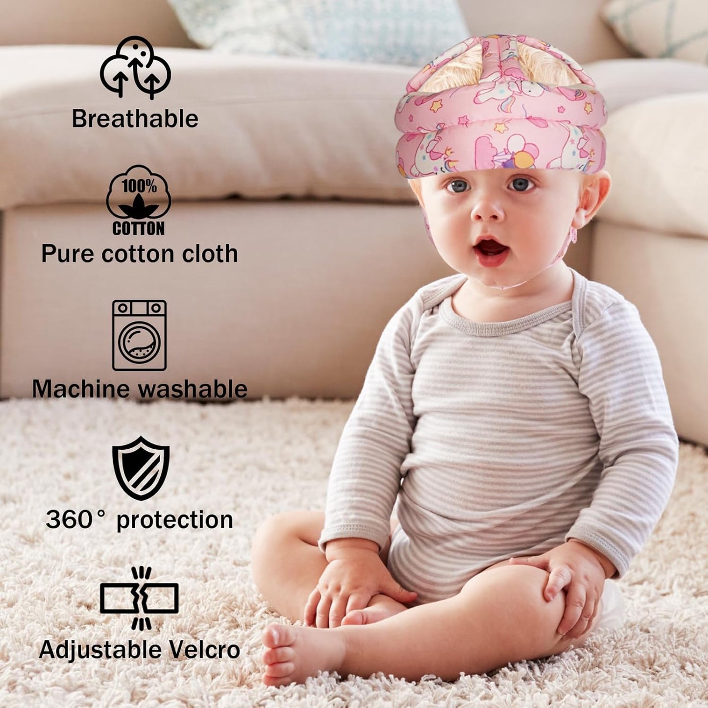 Baby Head Protector Baby Helmet for Crawling Walking, No Bumps Safety Head Adjustable Protective Cap for Walking, Playing (Unicorn)