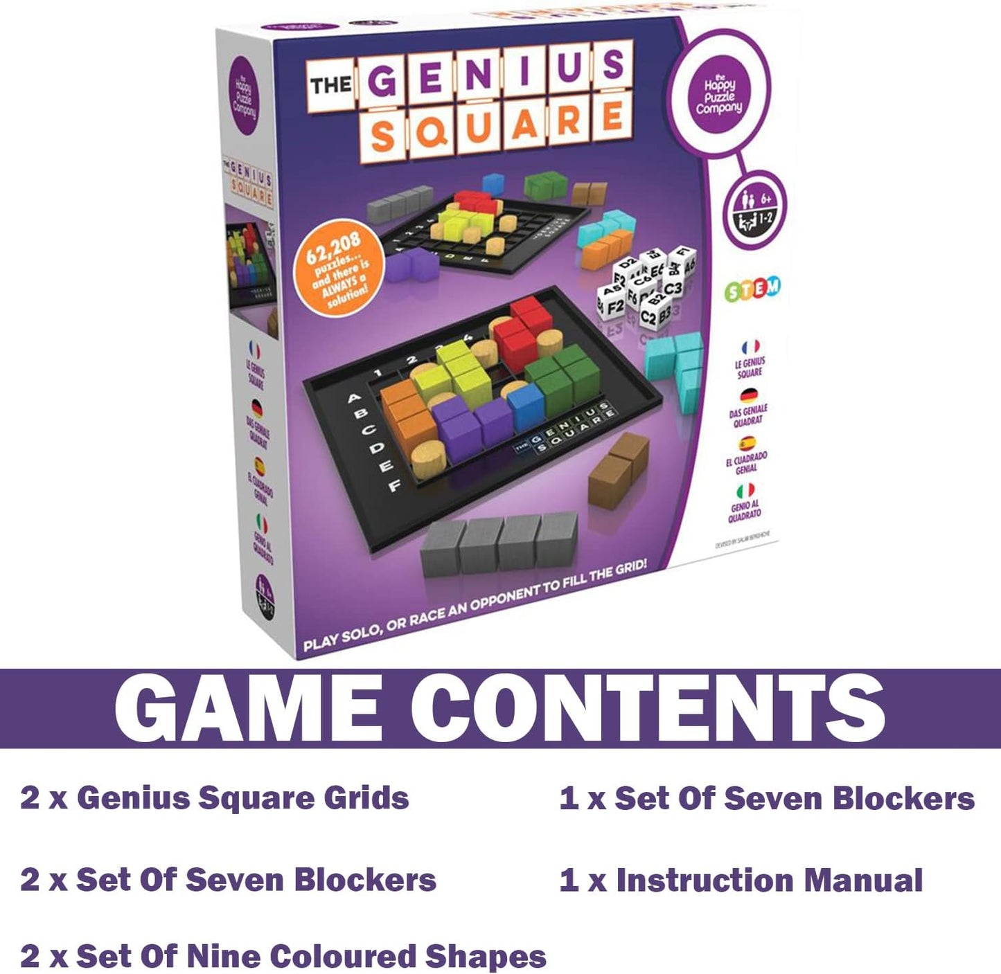 The Genius Square from The Happy Puzzle Company – Game of The Year Award Winner, 60000+ Solutions STEM Puzzle Game. Roll Dice, Race Your Opponent to Fill Grid with Different Shapes!