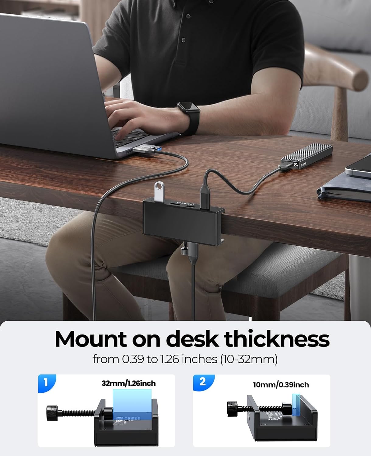 ORICO USB Hub 3.0, Clamp USB Hub with Extra Power Supply Port, Aluminum 4-Port USB Adapter with 3 USB-A Data Ports, USB-C Port for Monitors, Desks (Black)