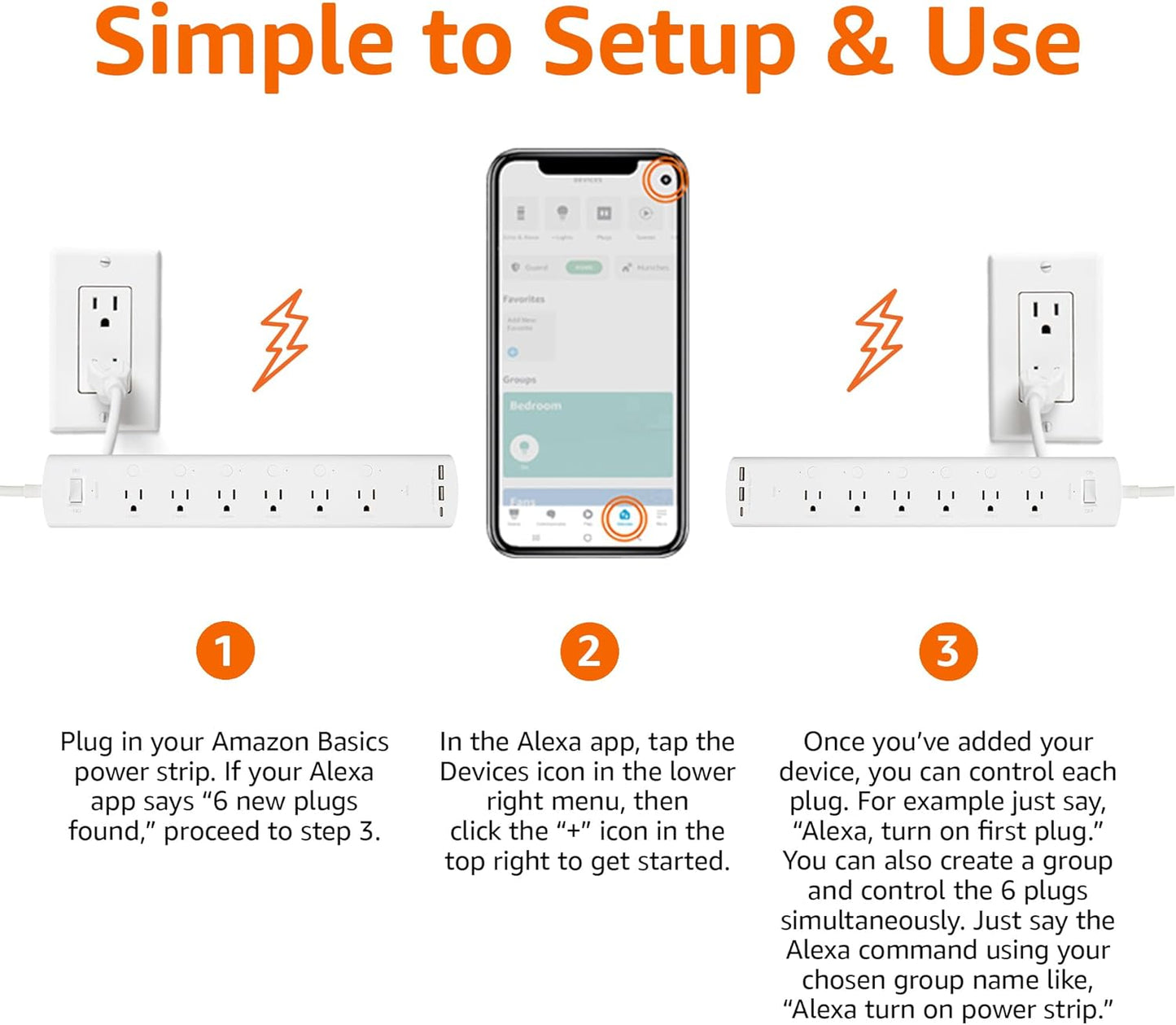 Amazon Basics Smart Plug Power Strip with 6 Individually Controlled Outlets and 3 USB Ports (2 USB-A and 1 USB-C), WiFi, Works with Alexa Only, 2.4 GHz, No Hub Required, White