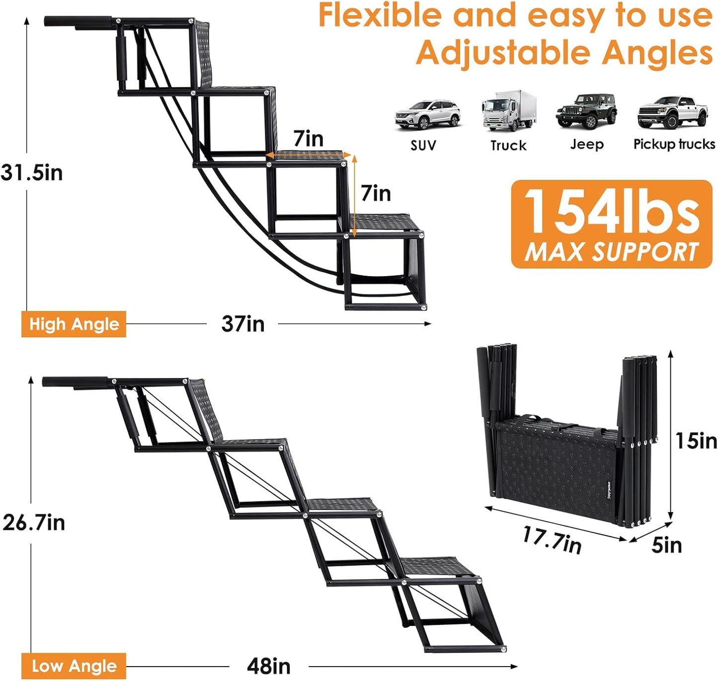 Portable Folding Pet Stair for Large Dog Ramp with Non-Slip Rug Surface, Lightweight Dog Ramps for Cars, SUVs, High Beds and Trucks, Pet Steps for Large Dogs,
