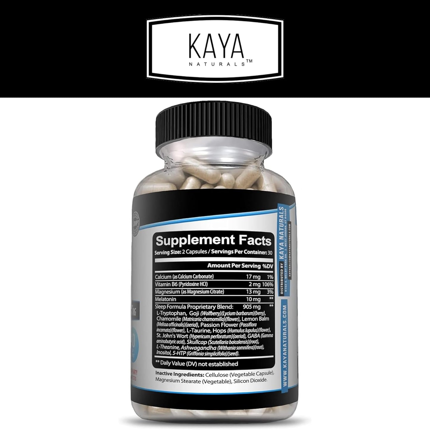 Kaya Naturals - Sleep Support Formula with Melatonin - Aid Support Vitamin Supplement - Sleep Stress and Mood Support - L-Tryptophan, Passion Flower, Ashwagandha and More - 60 Capsules (60 Count)