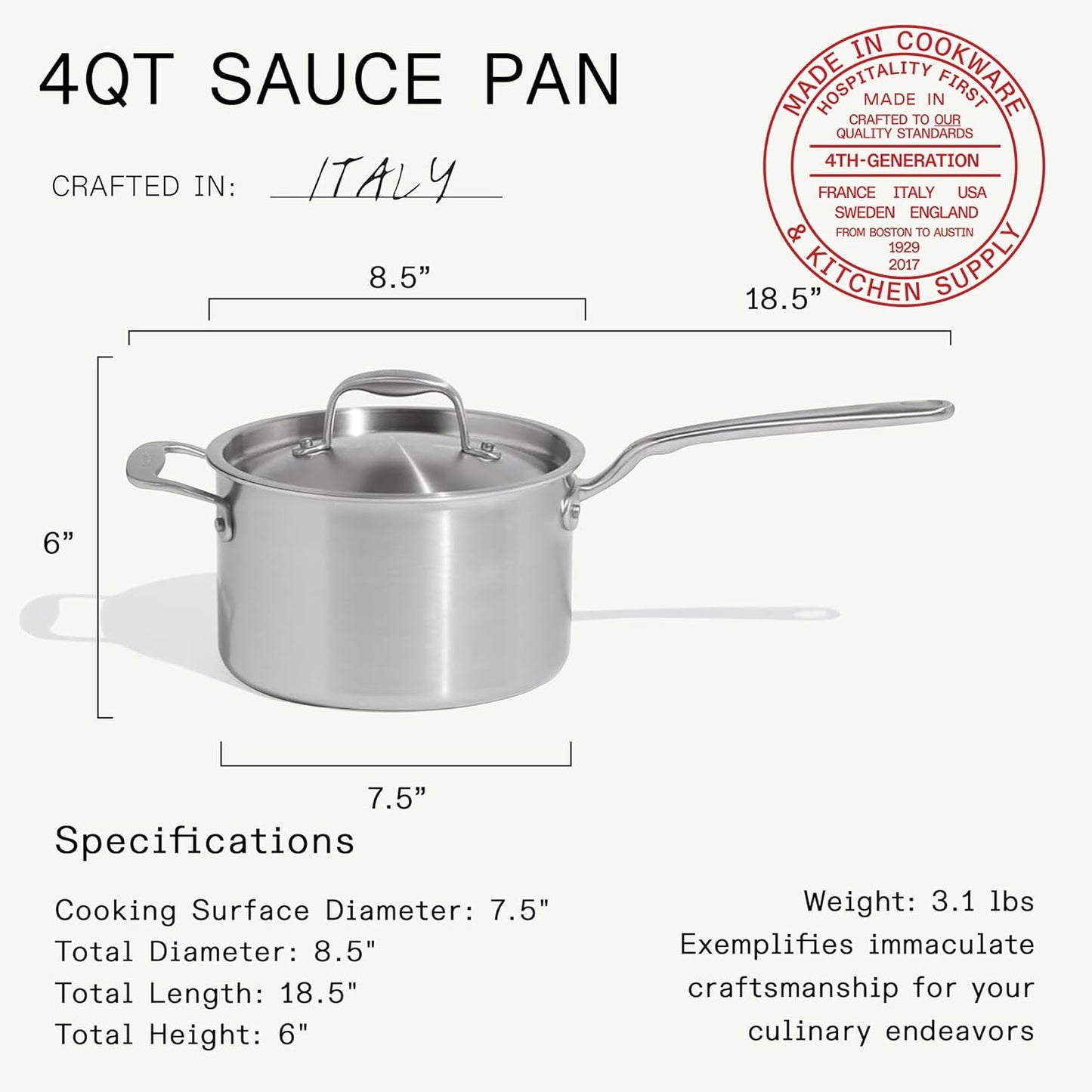 Made In Cookware | 7-Piece Ceramic Non Stick Pot and Pan Set (Stainless Handle) | 5-Ply Stainless Clad | Professional Cookware | Crafted in Italy | Induction Compatible