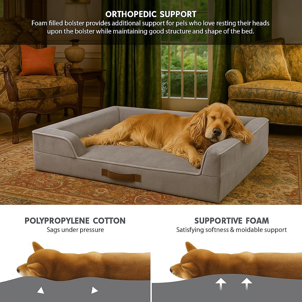 Codi Large Memory Foam Layer Dog Bed, Washable Orthopedic Dogs Beds Couch with Removable Zipper Cover, Waterproof Pet Sofa with U-Shape Bolster, Grey, 91x68x(7.5+8.9) cm