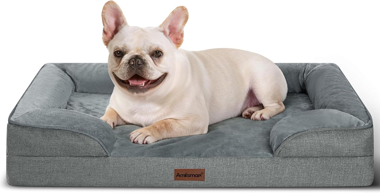 Orthopedic Dog Bed Medium Size Dogs, Waterproof Memory Foam Sofa Pet Beds with Sides,Cozy Egg-Crate Foam with Extra Head and Neck Support, Washable Cover & Nonslip Bottom,Grey